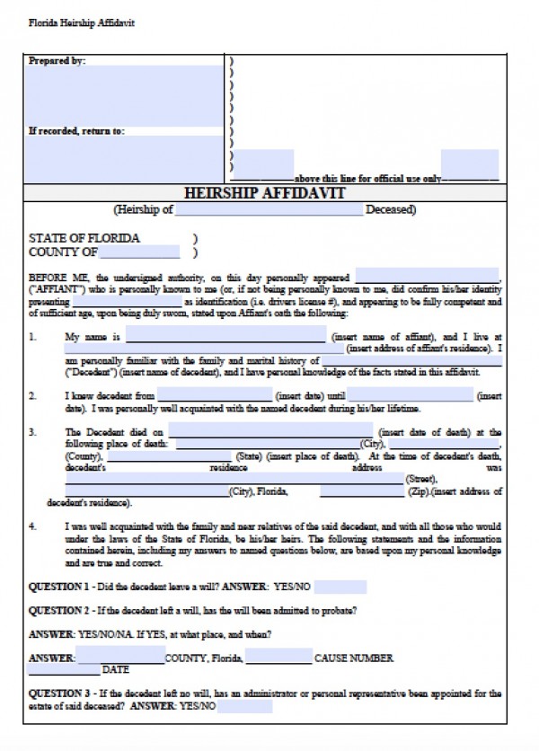 Printable Small Estate Affidavit Florida Printable Templates 6407