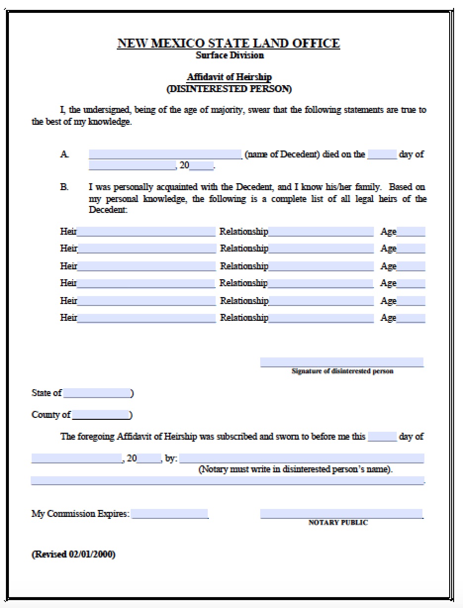 Free New Mexico Affidavit Of Heirship DISINTERESTED PERSON Form PDF 
