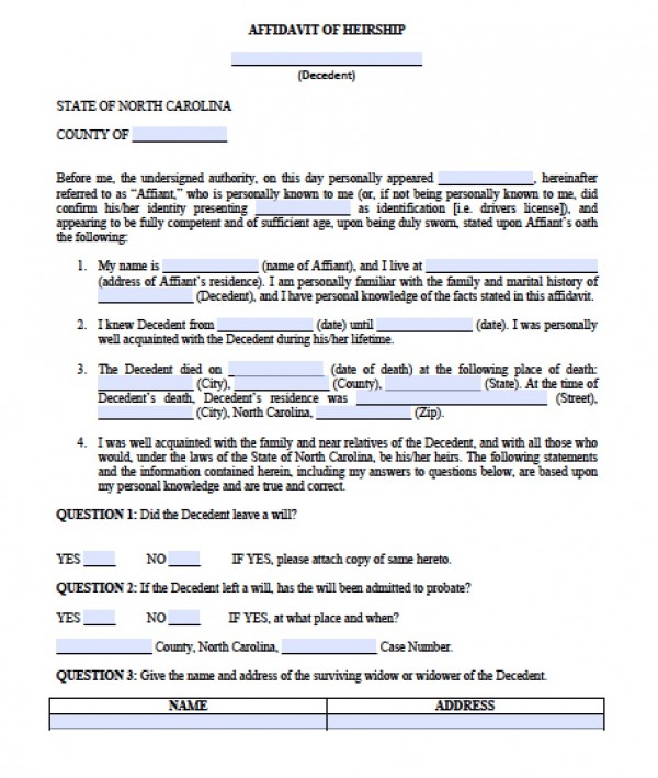 Free North Carolina Affidavit of Heirship Form PDF Word