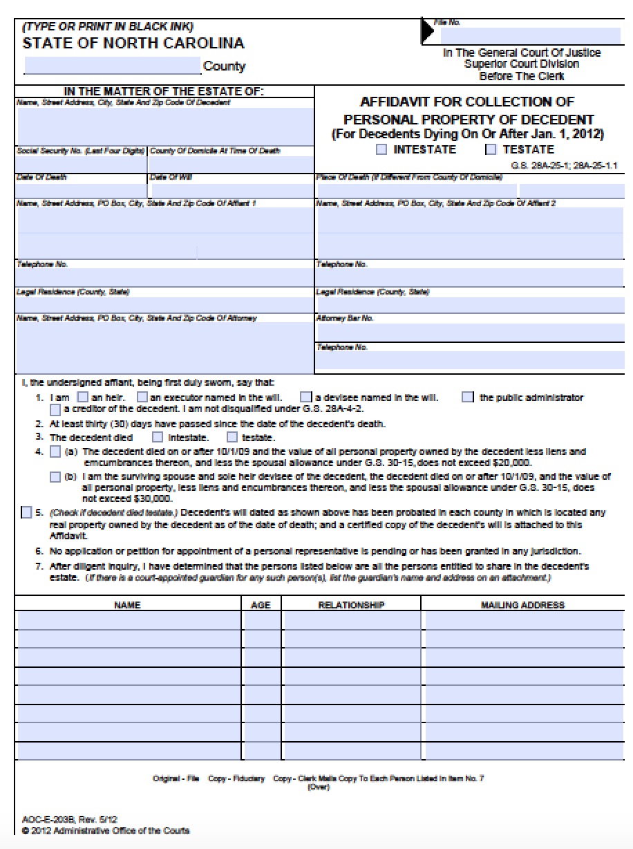 free-north-carolina-small-estate-affidavit-aoc-e-203b-form-pdf-word