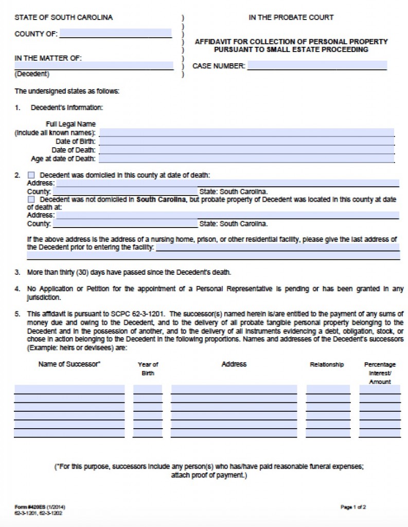 Free South Carolina Small Estate Affidavit Es Form Pdf Word