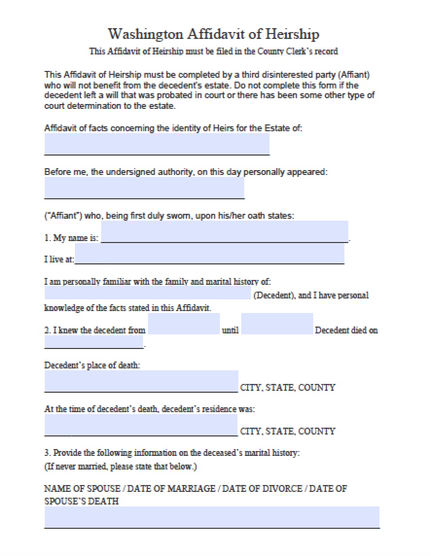 Free Washington Affidavit Of Heirship Form Pdf Word 0232