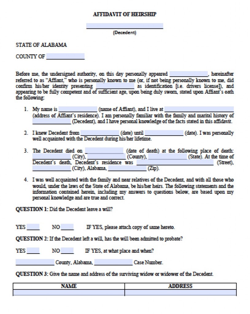 Free Alabama Affidavit Of Heirship Form Pdf Word 1420