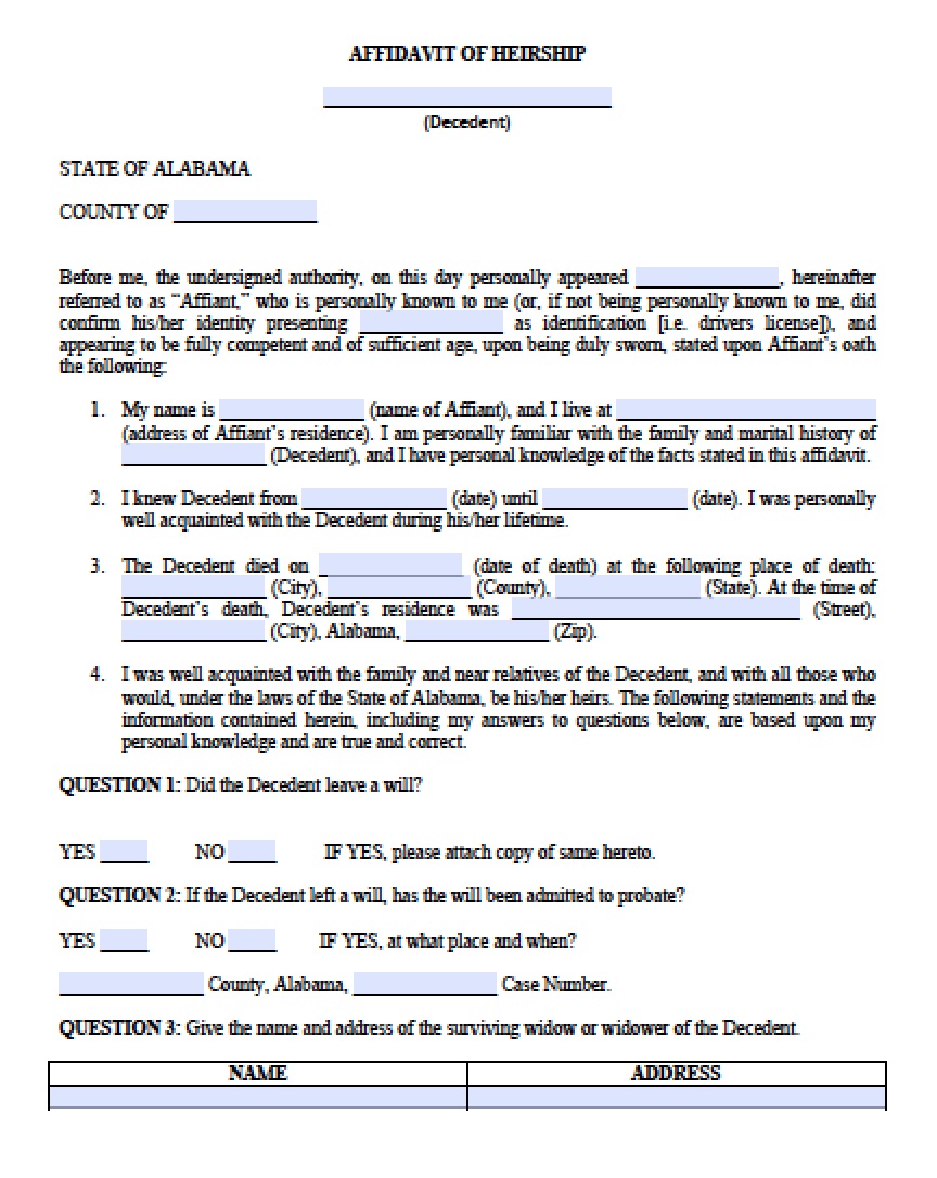 Free Alabama Affidavit Of Heirship Form Pdf Word