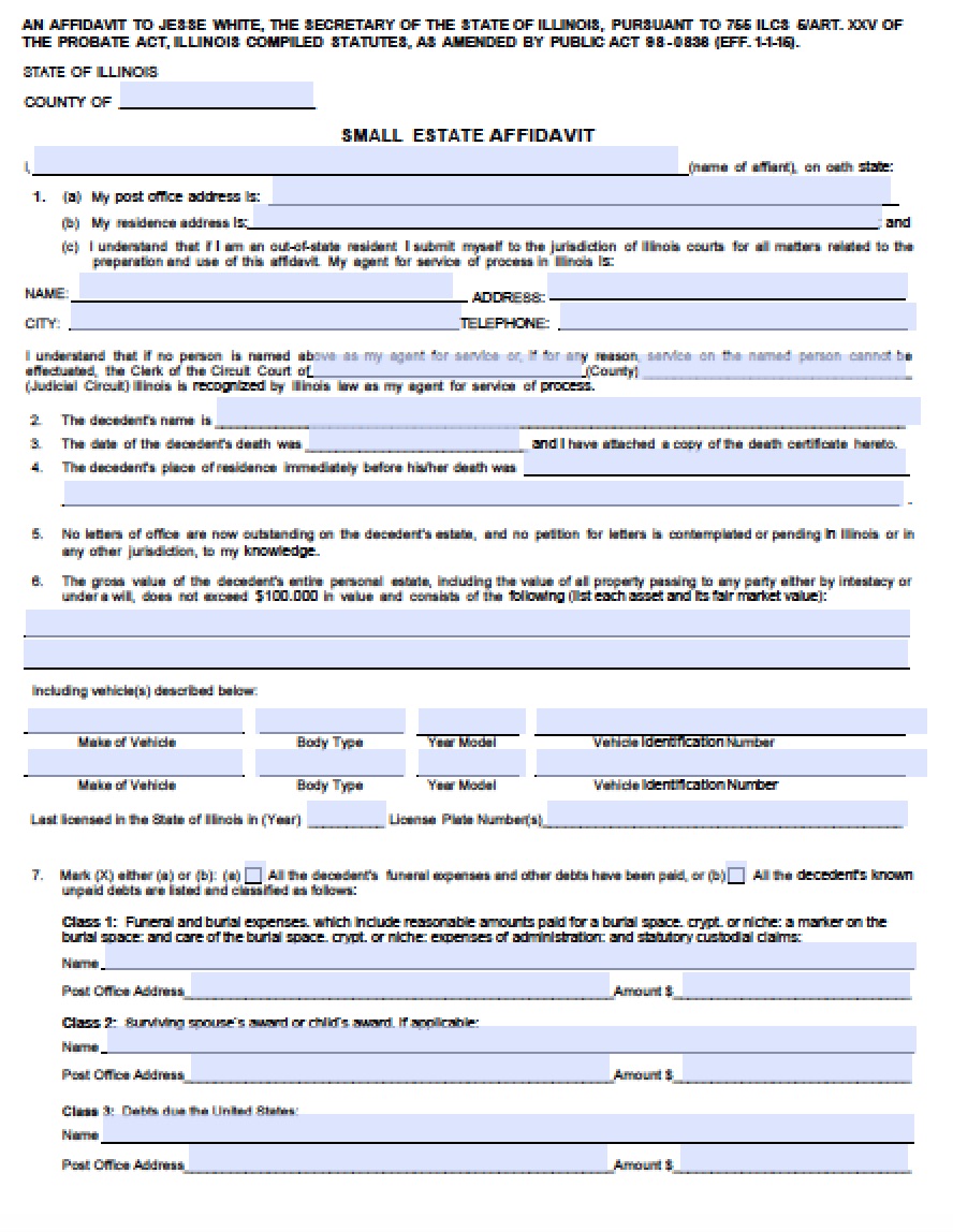 small estate affidavit illinois template