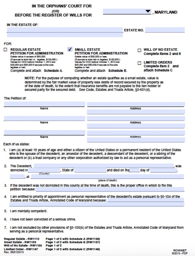 Free Maryland Small Estate Affidavit (Petition) Packet Form | PDF - Word