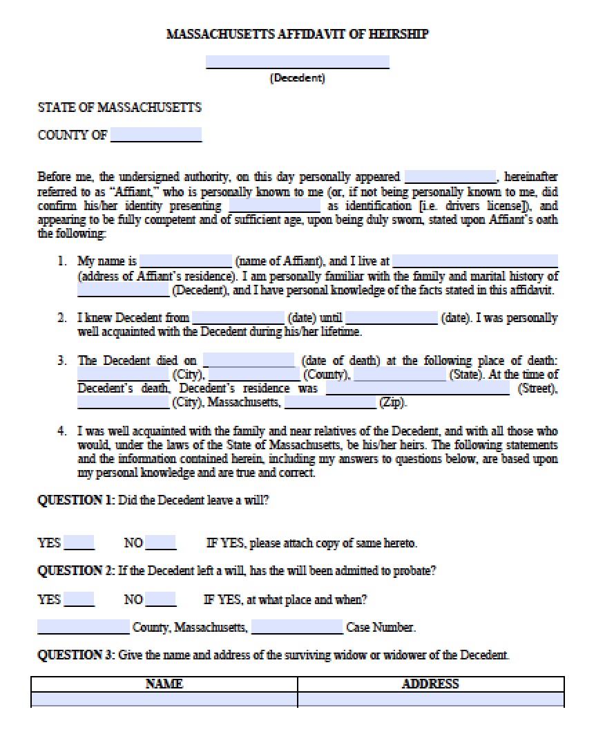 Free Massachusetts Small Estate Affidavit Form Pdf Word