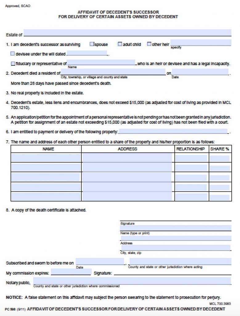 Free Michigan Small Estate Affidavit PC598 Form PDF Word