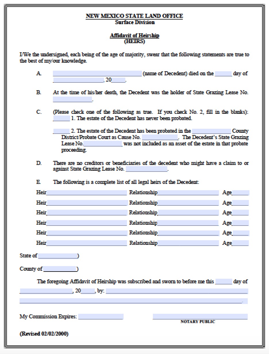 Free New Mexico Affidavit of Heirship HEIRS Form PDF Word