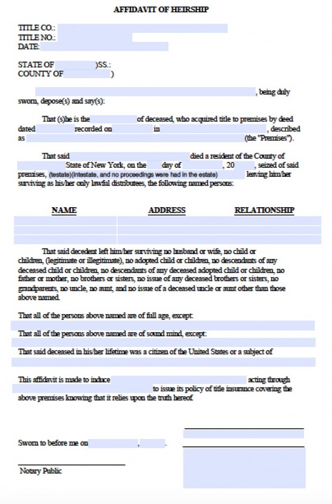 Free New York Affidavit Of Heirship Form Pdf Word 7124