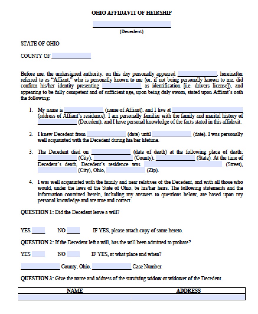 Free Ohio Affidavit Of Heirship Form Pdf Word