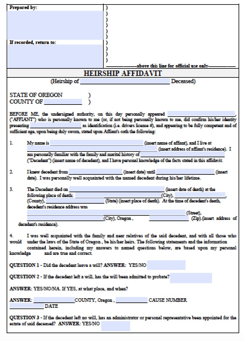 Free Oregon Affidavit Of Heirship Form Pdf Word