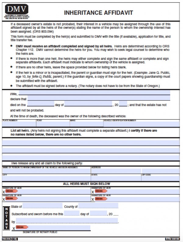 Free Oregon DMV Vehicle Inheritance Affidavit Form PDF Word