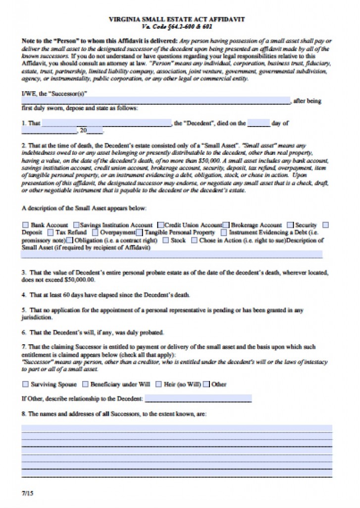 Free Virginia Small Estate Affidavit Form PDF Word   Virginia Small Estate Affidavit Form 727x1024 