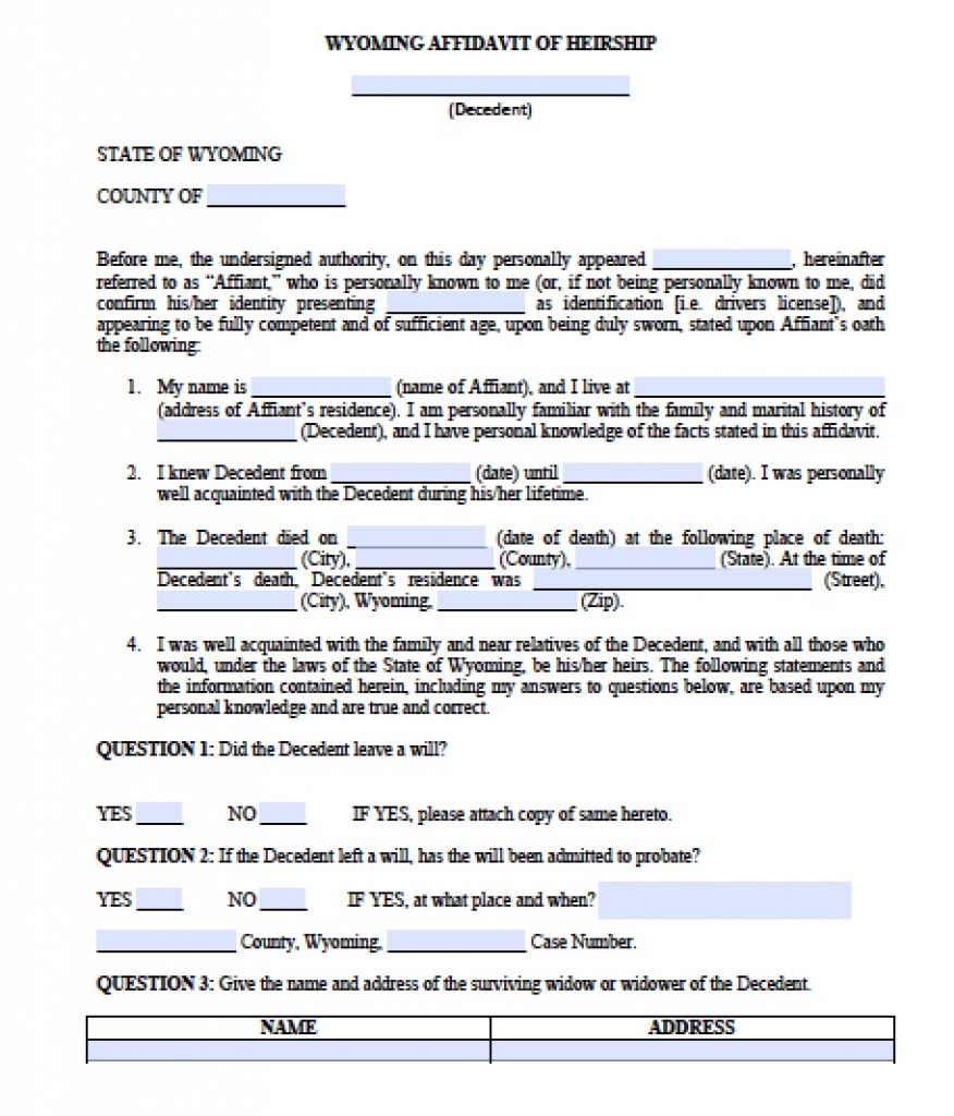 Free Wyoming Affidavit of Heirship Form PDF Word